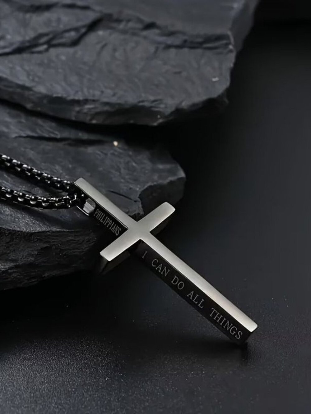Men Cross Necklace I Can Do All Things Philippians Black Stainless Steel